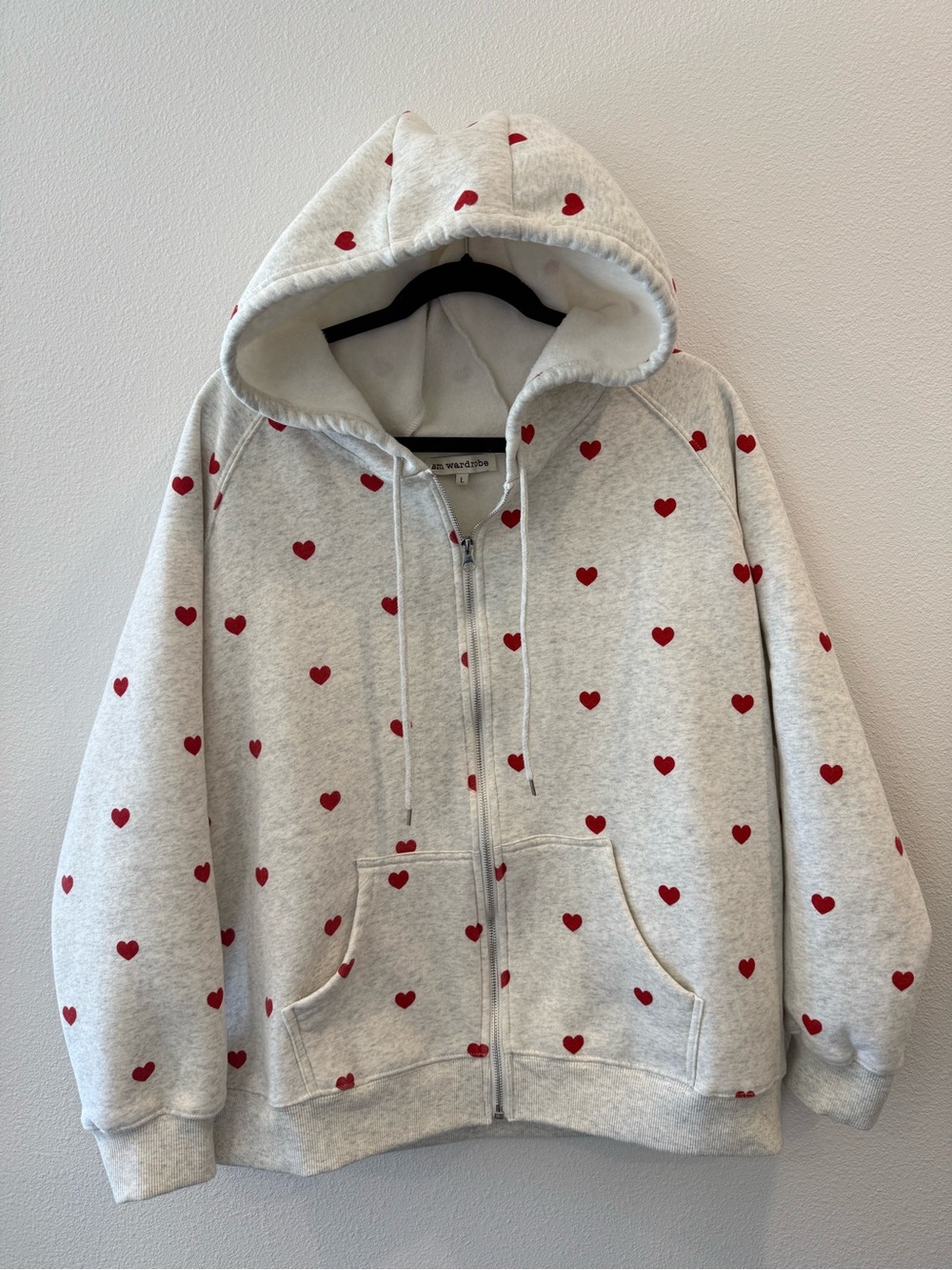 SM Wardrobe Heart Print Zip Up Hoodie Women’s L Gray Red Hearts Cozy Fleece
